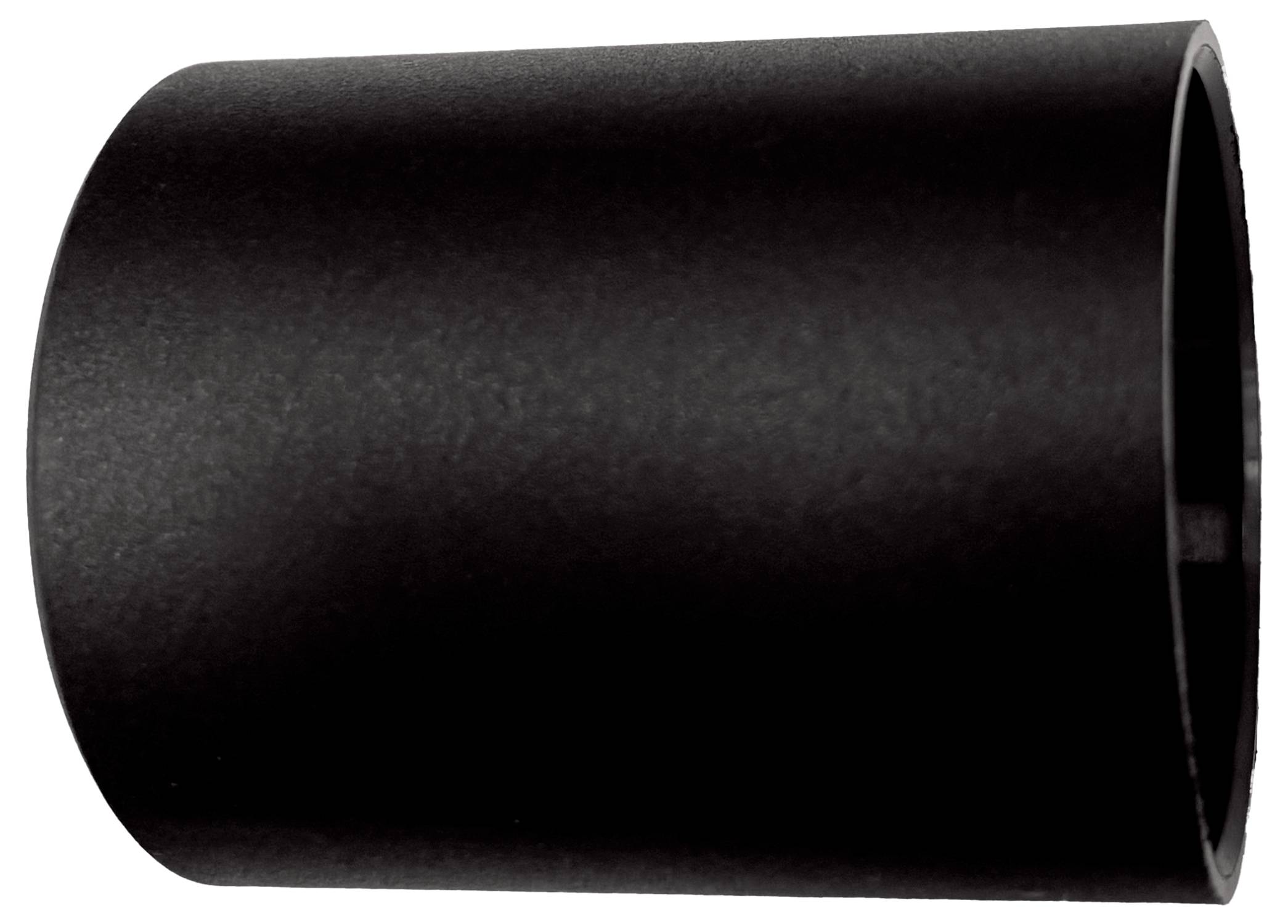 Tube cylindrique creux noir ou segment de tuyau sur un fond blanc, montré en vue de côté avec une extrémité ouverte visible.
