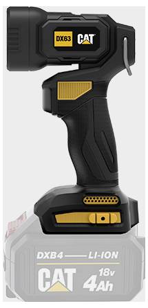 Perceuse sans fil CAT DX63 montée sur un bloc-batterie DXB4 Li-ion 18V 4Ah.