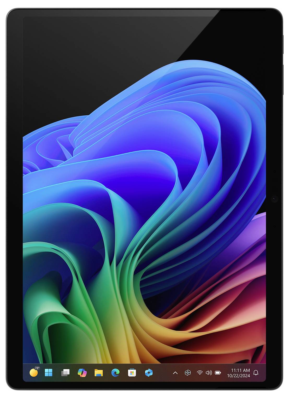 Écran de bureau Windows 11 sur un écran de tablette ou d'ordinateur portable avec un fond d'écran abstraite coloré bleu, vert et violet, et une barre des tâches visible.