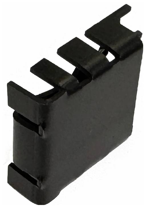 Couvercle de connecteur en plastique noir rectangulaire avec des languettes d'emboîtement, présenté en isolation sur un fond blanc.