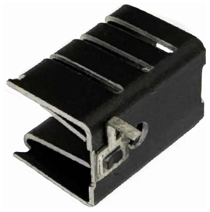 Connecteur électrique en plastique noir avec clip métallique, présenté sur fond blanc.