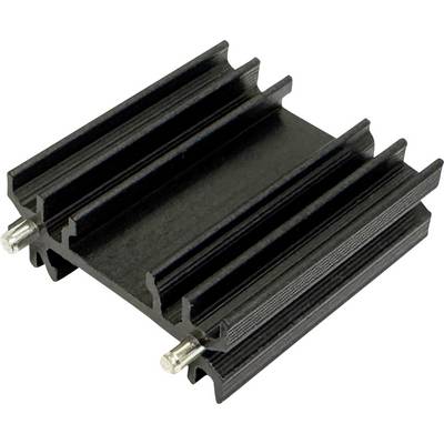 Dissipateur thermique en aluminium à ailettes noires avec deux broches de montage sur fond blanc.