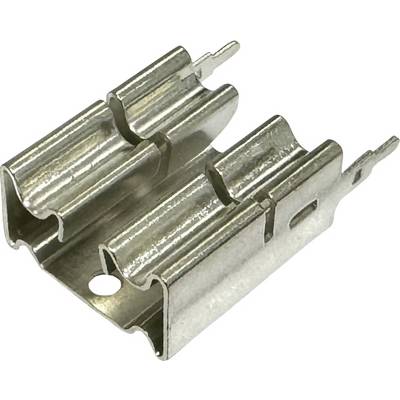 Gros plan de deux pinces à fusible luisantes en métal ou supports de bornes avec des trous de montage et des broches sur un fond blanc.