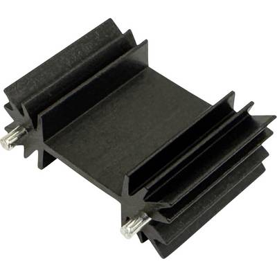 Radiateur noir à ailettes pour composants électroniques, montré dans une vue produit angulée avec broches de montage.