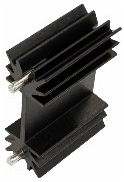 Dissipateur thermique à ailettes noires avec deux vis de montage saillantes, présenté sur fond blanc.
