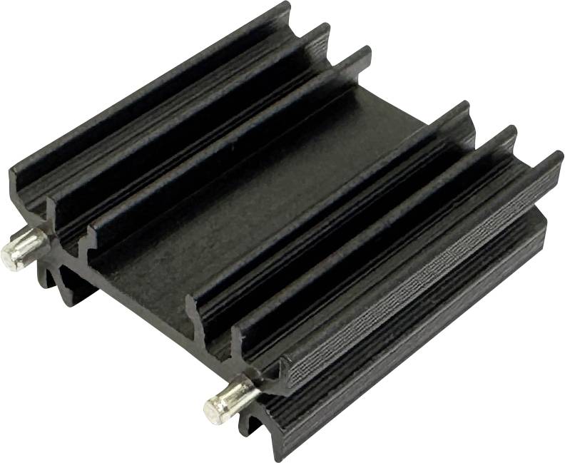 Dissipateur thermique en aluminium à ailettes noires avec deux goujons de montage, présenté sur fond blanc.