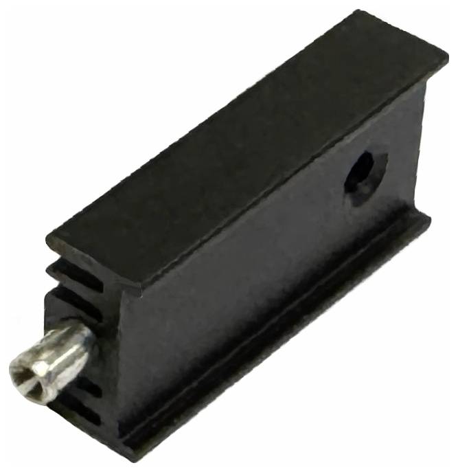 Loquet noir rectangulaire à ressort avec une goupille argentée s'étendant d'une extrémité, présenté sur un fond blanc.