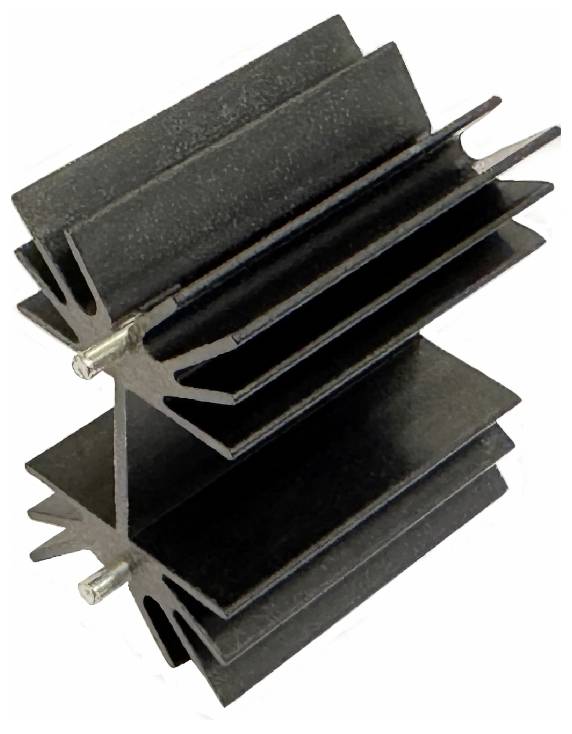 Dissipateur thermique à ailettes noires avec deux composants montés, utilisé pour dissiper la chaleur des appareils électroniques.