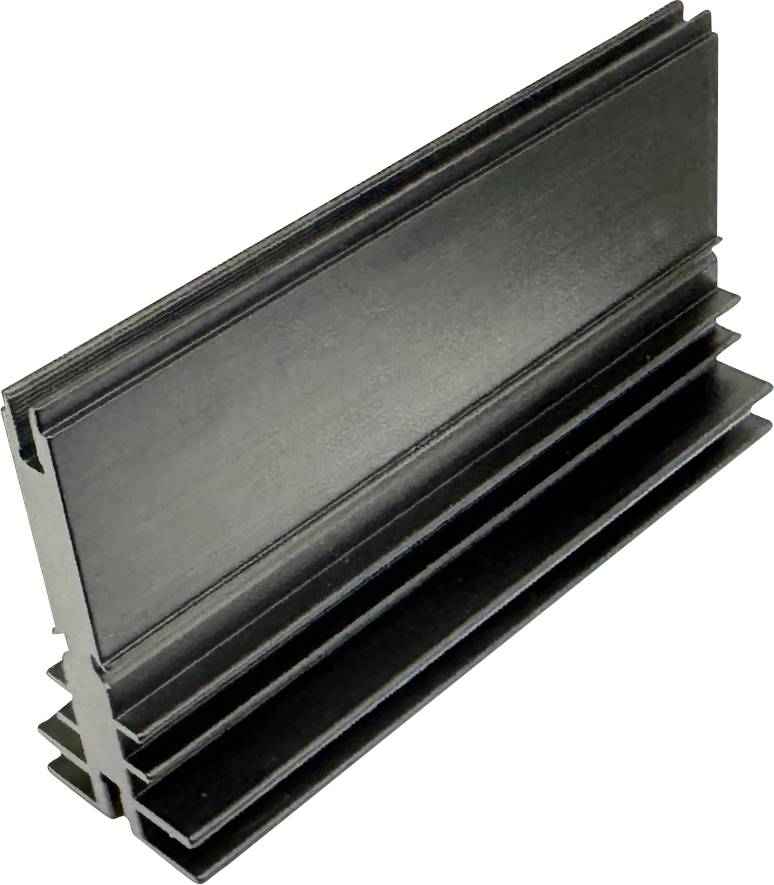 Profil d'extrusion en métal noir avec plusieurs rainures, présenté isolé sur fond blanc.