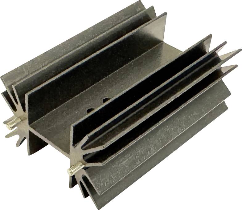 Dissipateur thermique en aluminium à ailettes noires avec clips de montage, présenté sur un fond blanc.