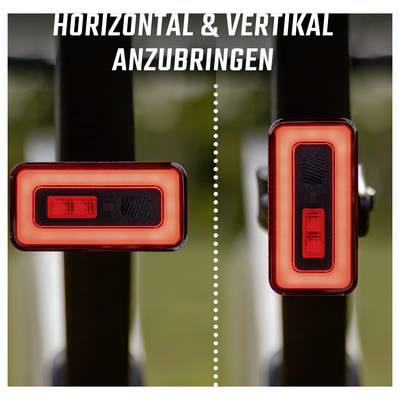 Feu arrière avec les inscriptions « À installer horizontalement et verticalement » ; monté horizontalement à gauche, installé verticalement à droite, séparé par une ligne pointillée.