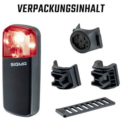 Aperçu du produit avec feu arrière de vélo Sigma et accessoires inclus : supports, adaptateurs de montage et bande élastique, titre « CONTENU DE L'EMBALLAGE ».