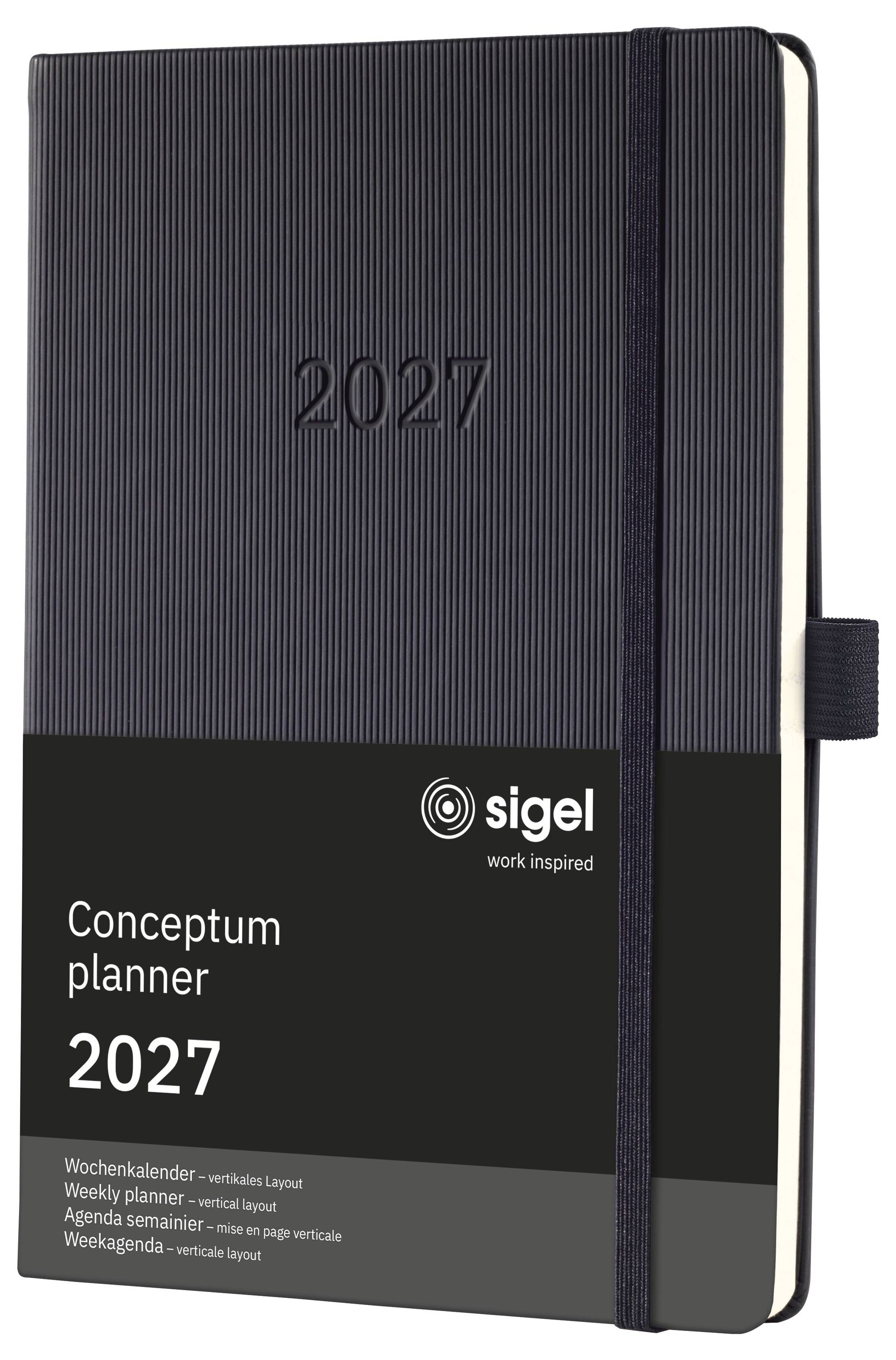 Cahier de planification Sigel 'Conceptum planner' pour 2027 avec fermeture à bande élastique et mise en page de calendrier hebdomadaire affichée sur la couverture.