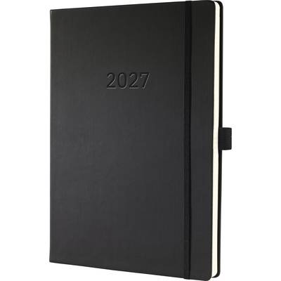 Carnet de planification noir 2027 avec fermeture à bande élastique et tranches de pages crème, présenté fermé sur fond blanc.