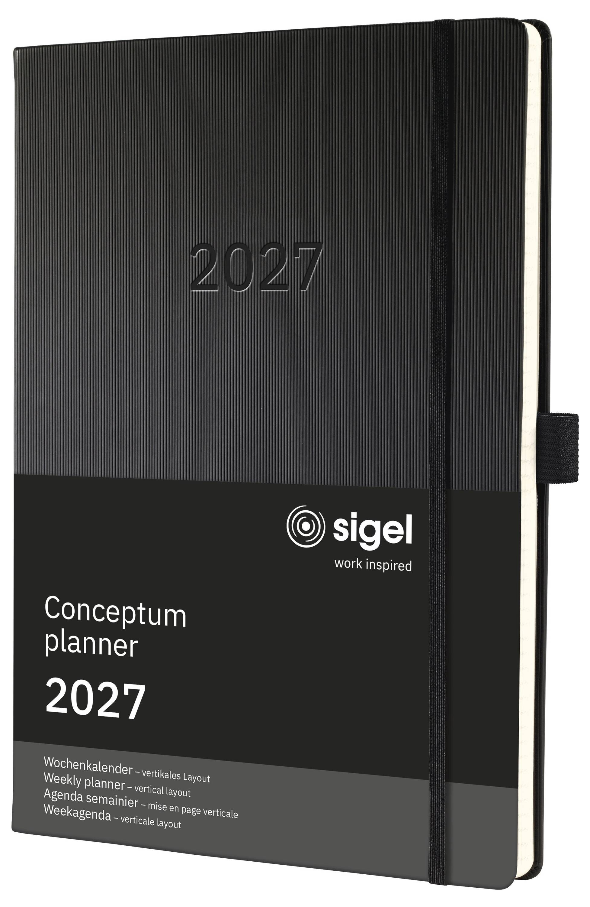 Planificateur hebdomadaire Black Sigel 'Conceptum planner 2027' avec sangle élastique et pages visibles sur la droite.