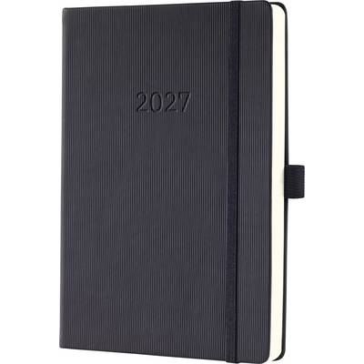 Agenda ou carnet noir 2027 avec couverture texturée et sangle de fermeture élastique, présenté fermé sur un fond blanc.