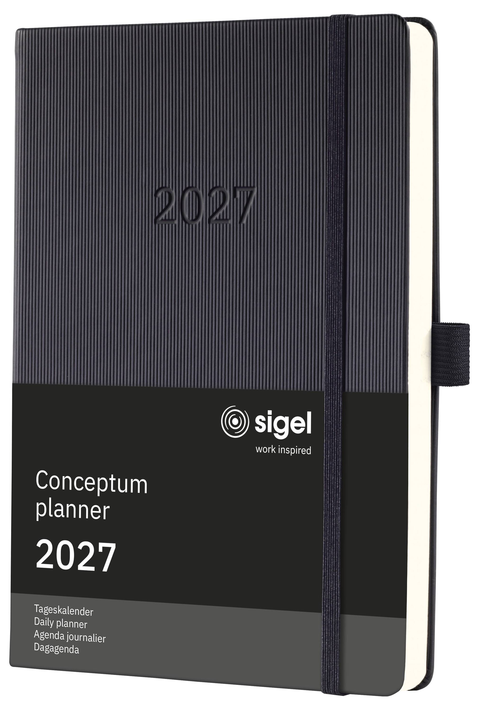 Agenda de planificateur Conceptum « sigel » noir 2027 avec bande élastique, couverture avant présentée en orientation portrait.