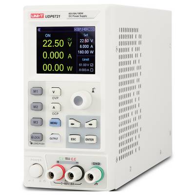 Un alimentation en courant continu UNI-T UDP6721 affichant un écran avec 22,50 V, 0,000 A et 0,00 W, plus des commandes de tension, de courant et de sortie.