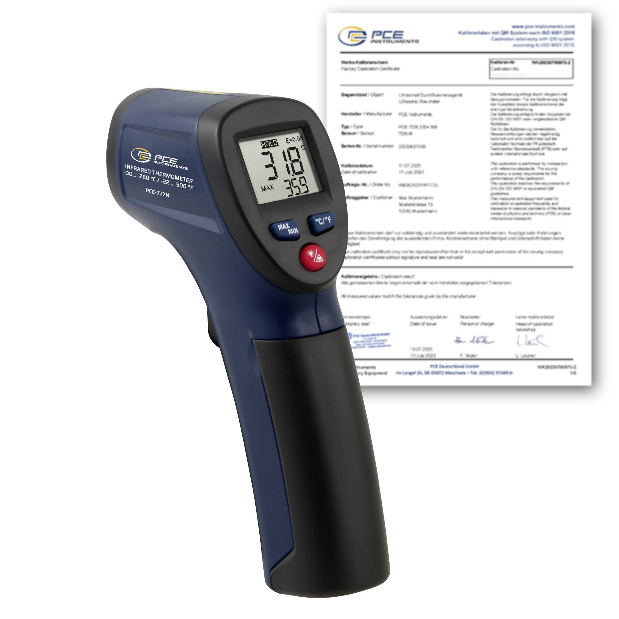 Pistolet thermomètre infrarouge avec un certificat d'étalonnage derrière, affichant une lecture de température numérique de 31,8 et un maximum de 35,9.