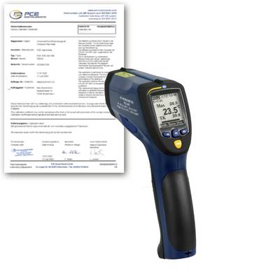 Thermomètre infrarouge avec certificat d'étalonnage, affichant une lecture de température de 23,5°C à côté d'un document PCE.