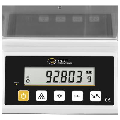 Affichage de balance numérique PCE Instruments affichant 92,803 g, avec des boutons d'alimentation et d'étalonnage sur le panneau de commande.