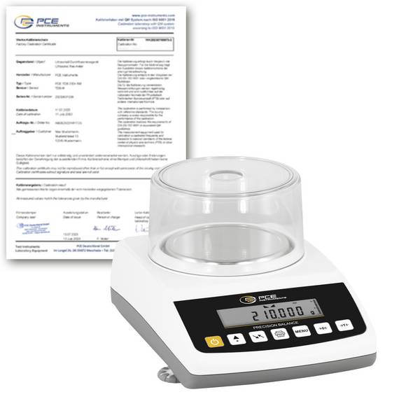 Balance de précision PCE Instruments PCE-BT 200-ICA étalonné (ISO) Plage de pesée (max.) 210 g Lisibilité 0.001 g sur secteur, à pile(s) blanc