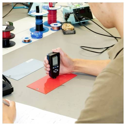 Personne utilisant un appareil numérique portatif pour mesurer ou tester une feuille rouge sur un établi dans un atelier, avec des bobines et des outils en arrière-plan.