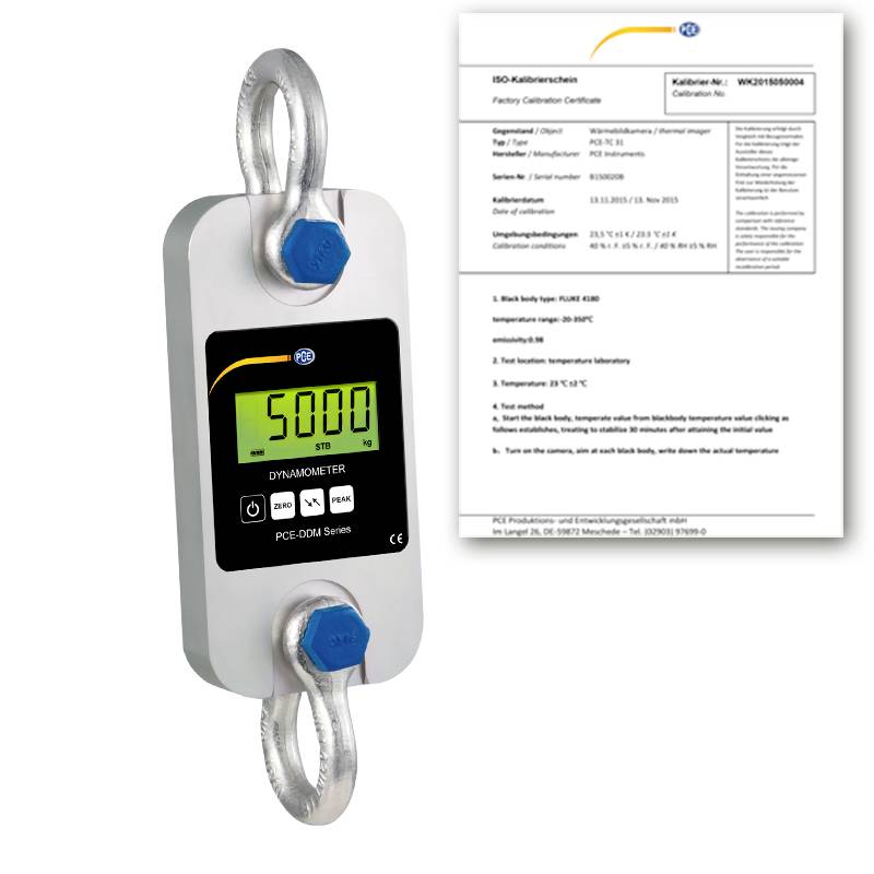 Dynamomètre numérique avec affichage de 50,00 kg à côté d'un certificat d'étalonnage en usine, montrant la documentation d'étalonnage certifiée de l'appareil.