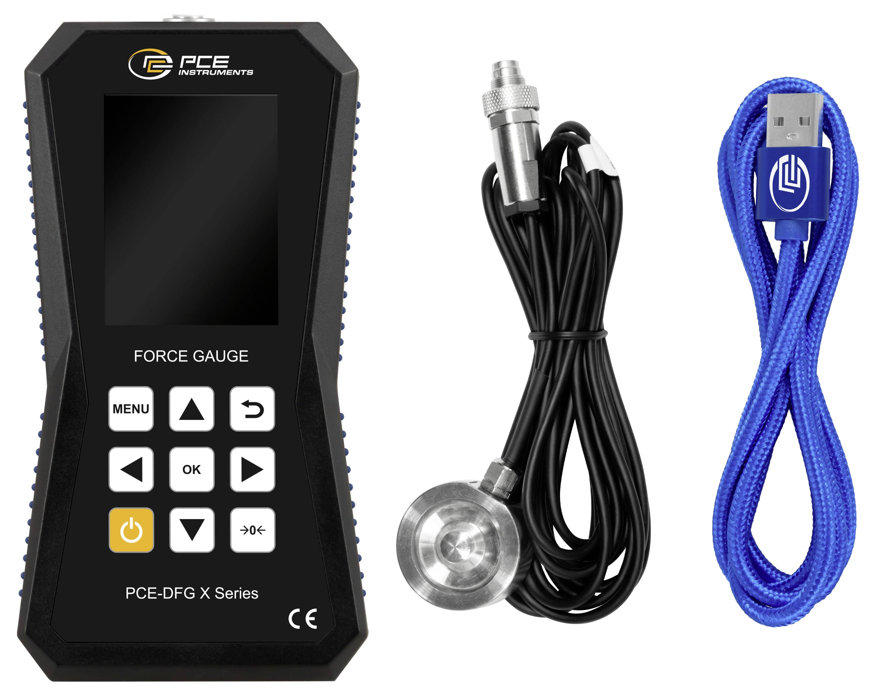 Kit de jauge de force avec appareil de mesure numérique portatif PCE-DPG X Series, sonde capteur et câble USB bleu.