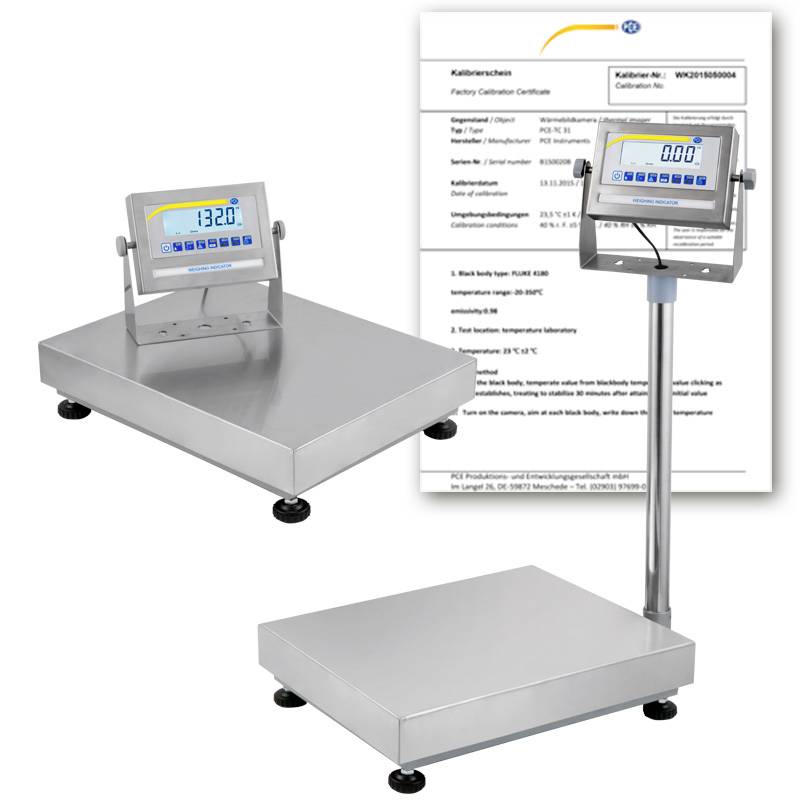 Deux balances plateforme en acier inoxydable avec affichages numériques à indicateurs, présentées avec un certificat d'étalonnage en arrière-plan.
