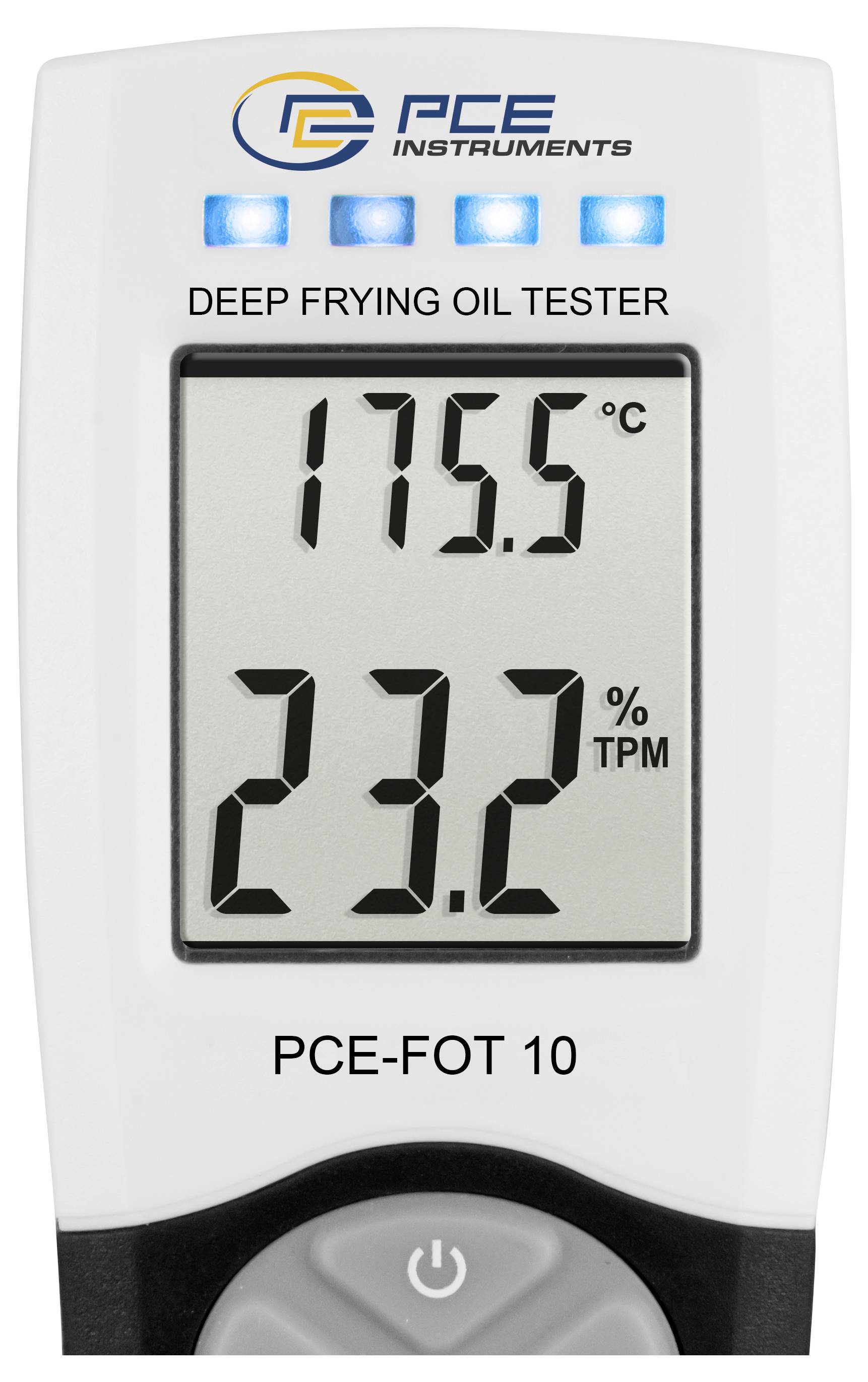 Testeur d'huile de friture PCE Instruments affichant 175,5°C et 23,2% de TPM sur son écran.