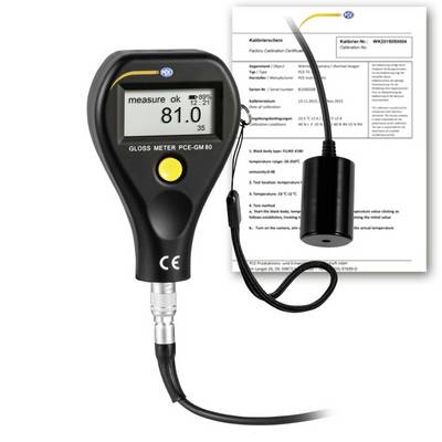 Brillancemètre numérique avec sonde et certificat d'étalonnage, affichant une lecture de 81,0 sur l'écran.