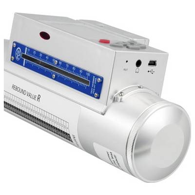 Testeur de dureté par rebond numérique avec échelle de mesure bleue, étiqueté « VALEUR DE REBOND R », ports latéraux et une grande sonde cylindrique