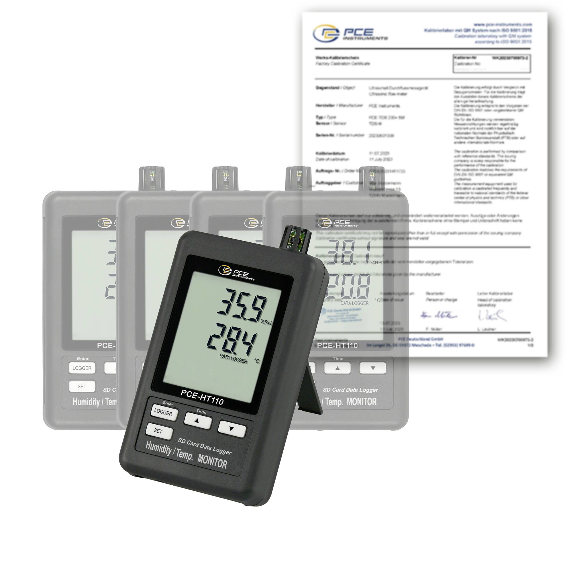 Humidimètre et thermomètre portatif PCE avec affichage LCD indiquant 35,9 et 28,4, présenté avec un certificat d'étalonnage en arrière-plan.