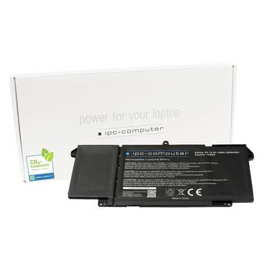 Batterie de remplacement pour ordinateur portable affichée devant son emballage étiqueté « énergie pour votre ordinateur portable » et « ipc-computer », avec un logo compensé en CO2.
