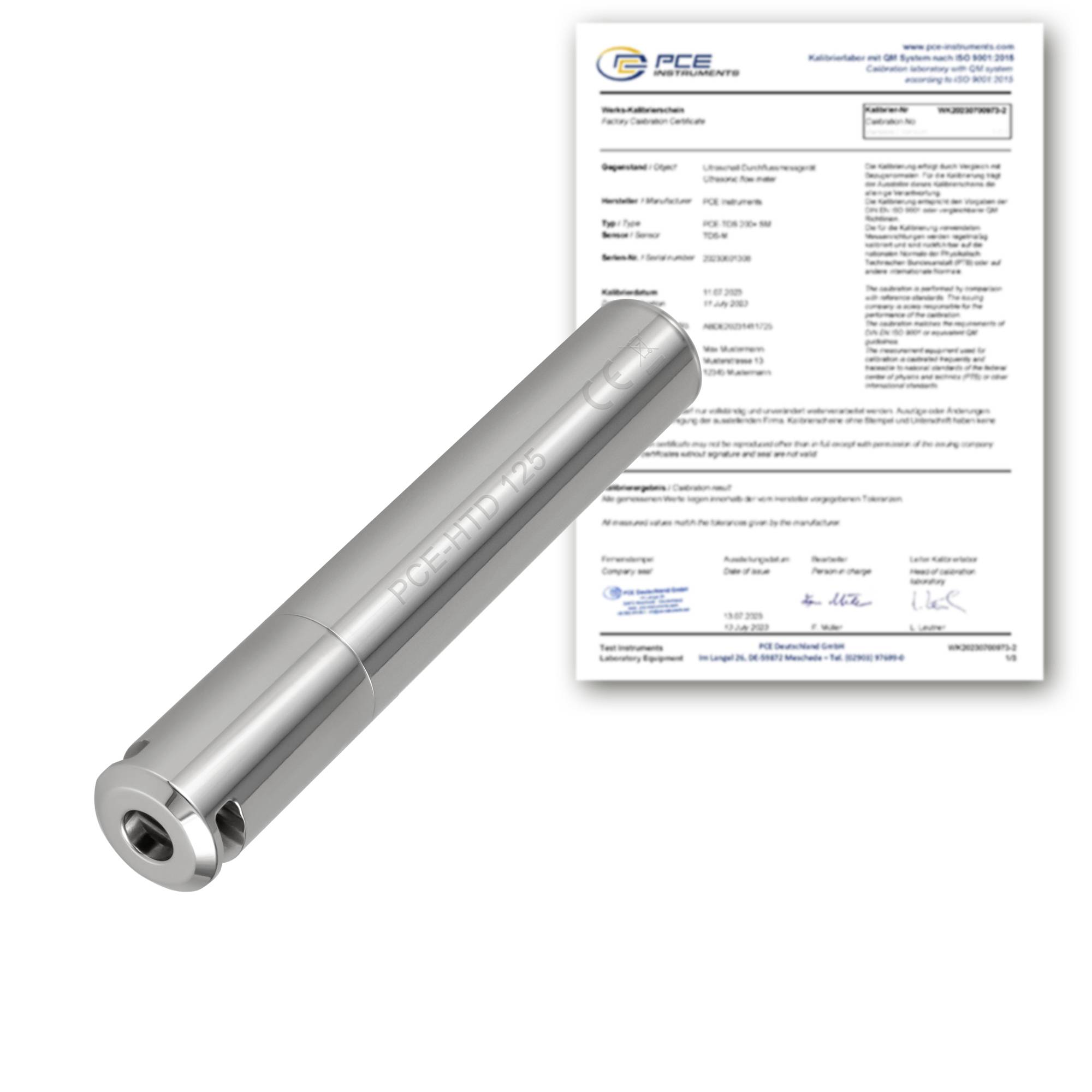 Capteur ou sonde cylindrique en métal argenté affiché à côté d'un document de certification sur un fond blanc, suggérant l'approbation de la conformité du produit.