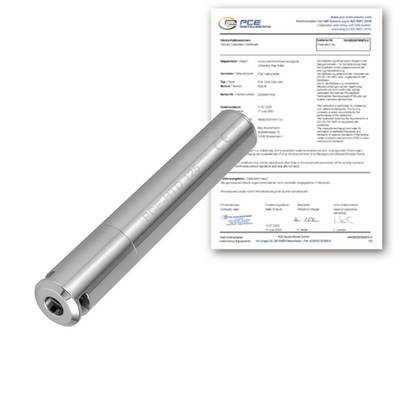 Capteur ou sonde cylindrique en métal argenté affiché à côté d'un document de certification sur un fond blanc, suggérant l'approbation de la conformité du produit.