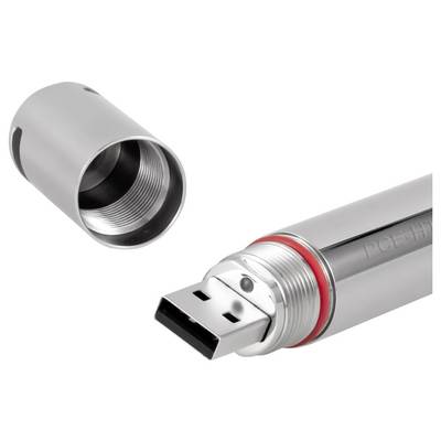 Gros plan d'une clé USB argentée avec son capuchon retiré, montrant le connecteur et le capuchon séparément sur un fond blanc.