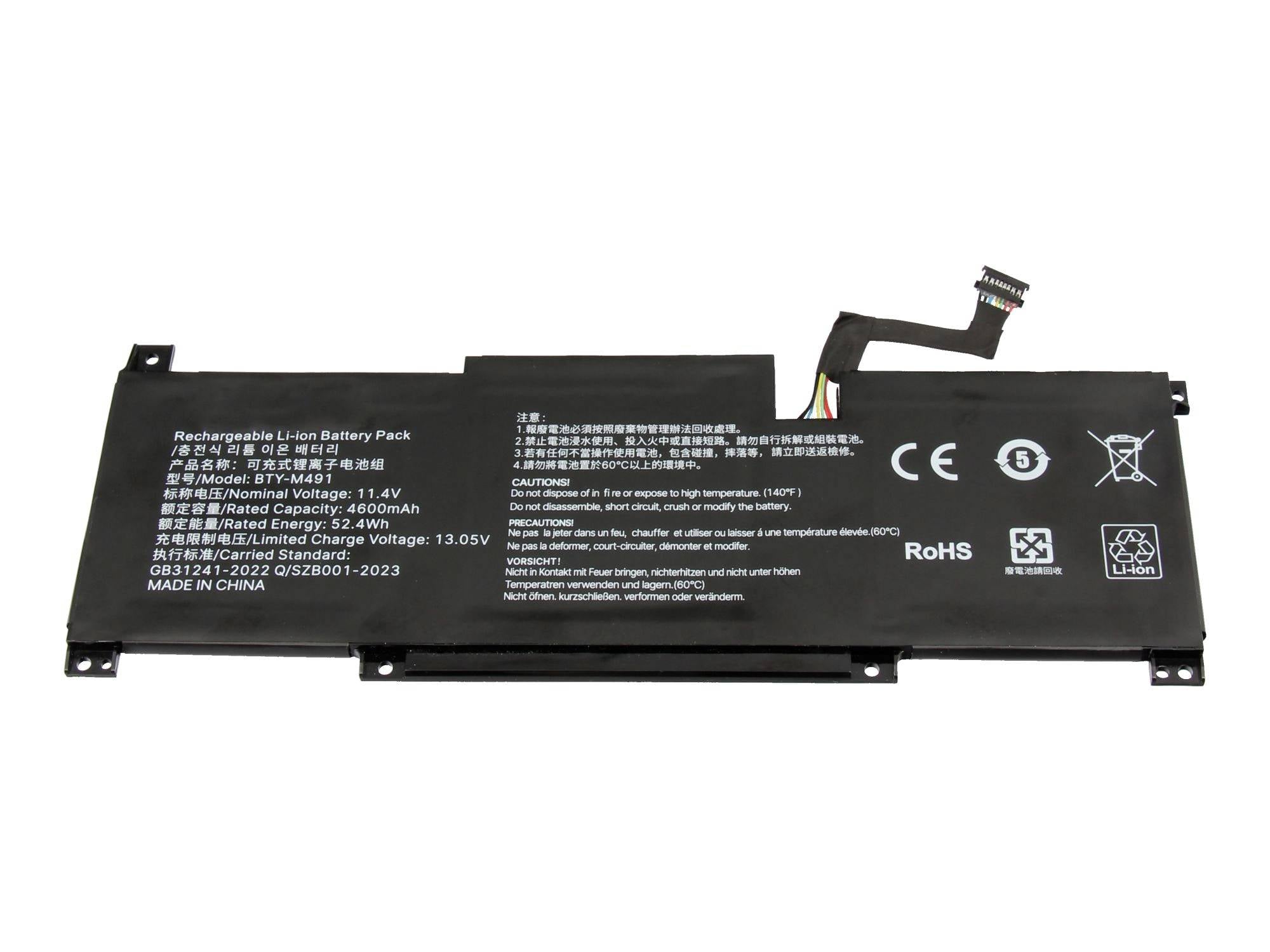 Pack de batterie lithium-ion rechargeable noir pour ordinateur portable avec câble de connecteur et spécifications imprimées sur un fond blanc.