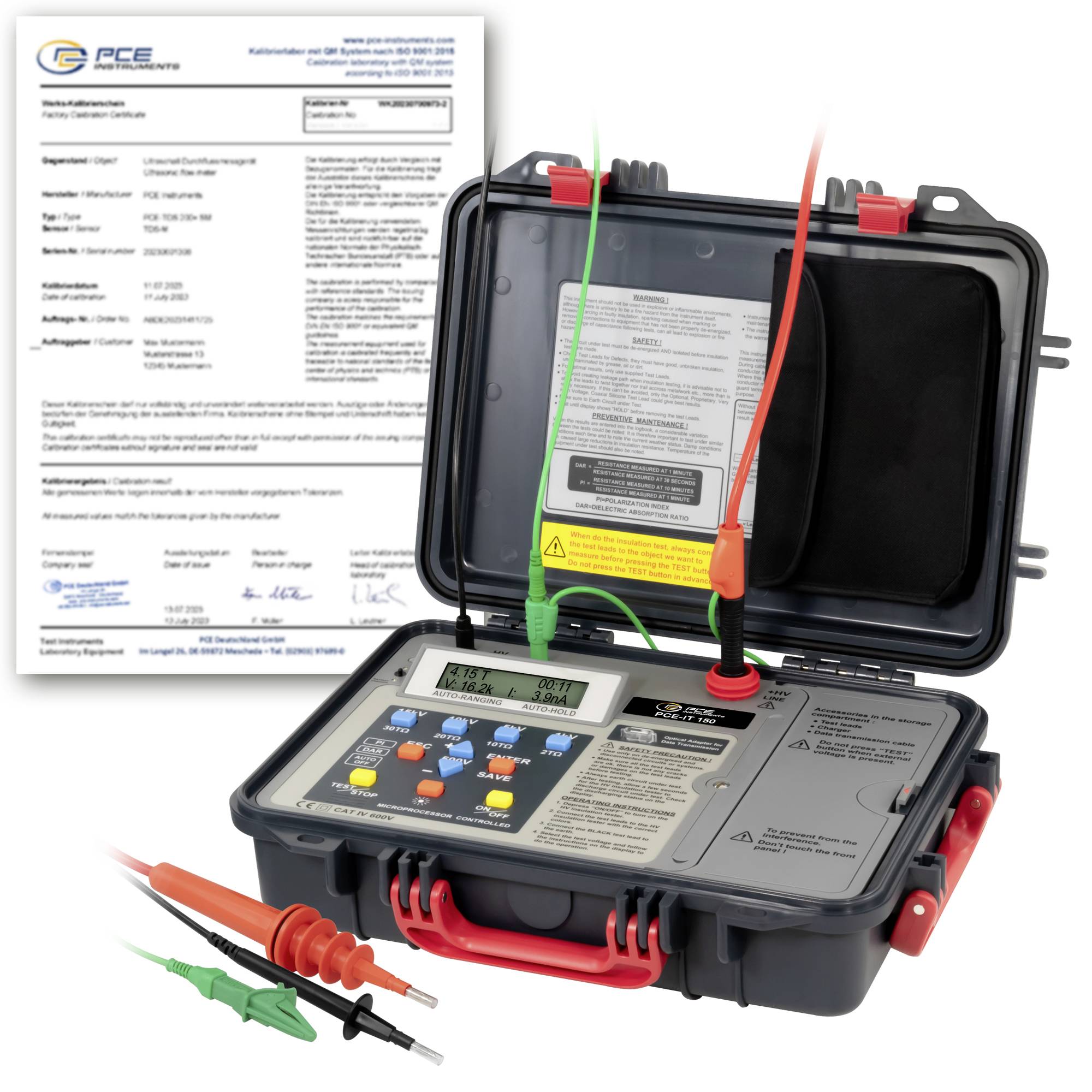 Instrument de test électrique portable avec sondes dans un boîtier robuste à côté d'un certificat d'étalonnage, suggérant un équipement de mesure certifié.