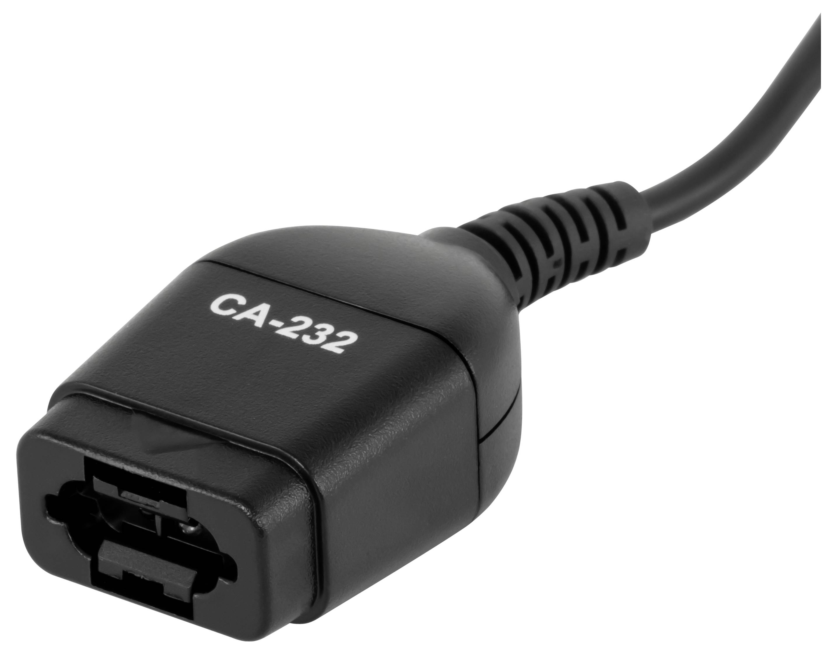 Connecteur de câble CA-232 noir avec extrémité rectangulaire moulée et cordon attaché sur fond blanc.