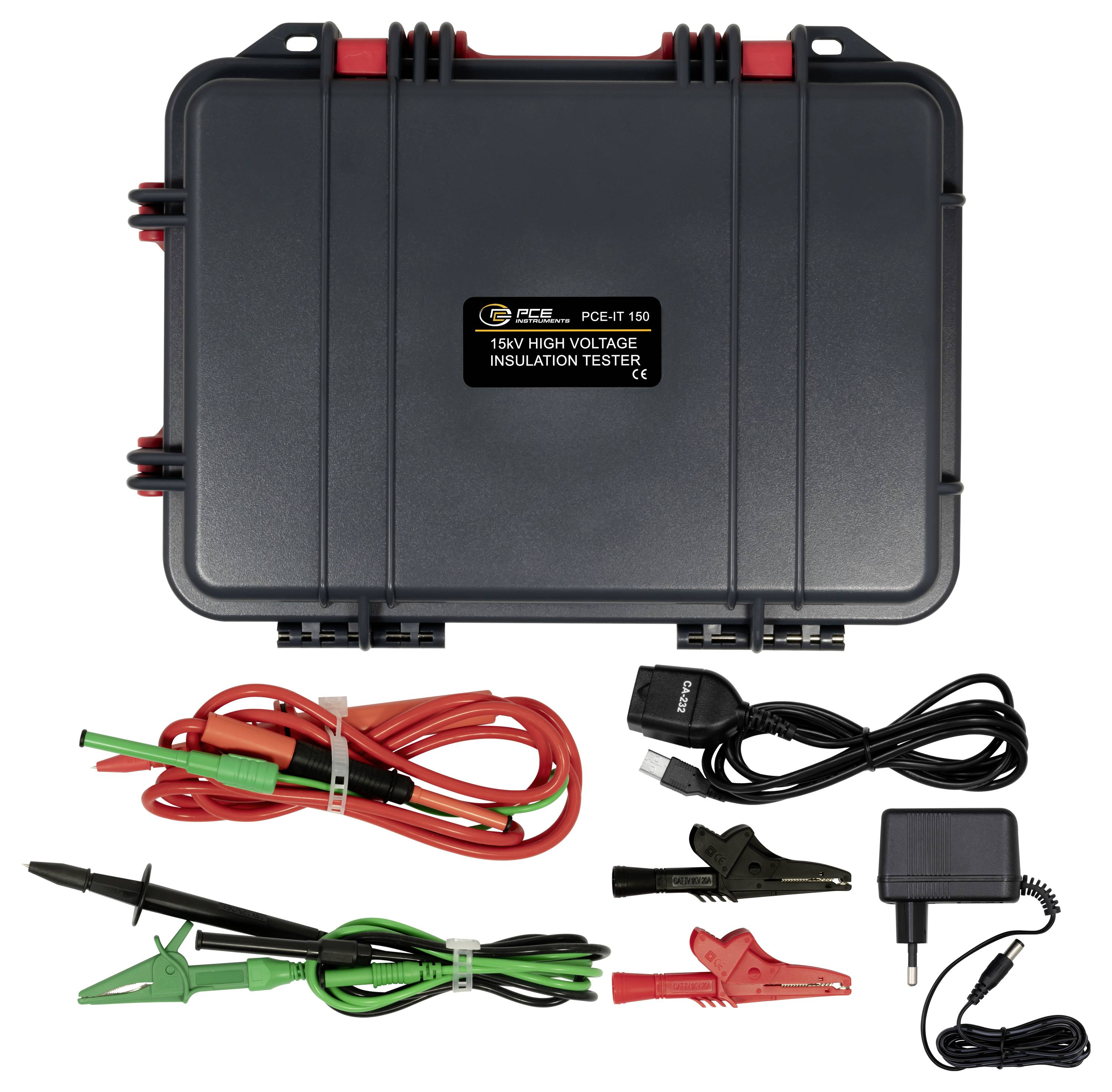 Testeur d'isolant haute tension portable 15 kV dans un étui rigide, présenté avec des fils de test, des pinces, des sondes, un câble USB, un adaptateur secteur et un chargeur.
