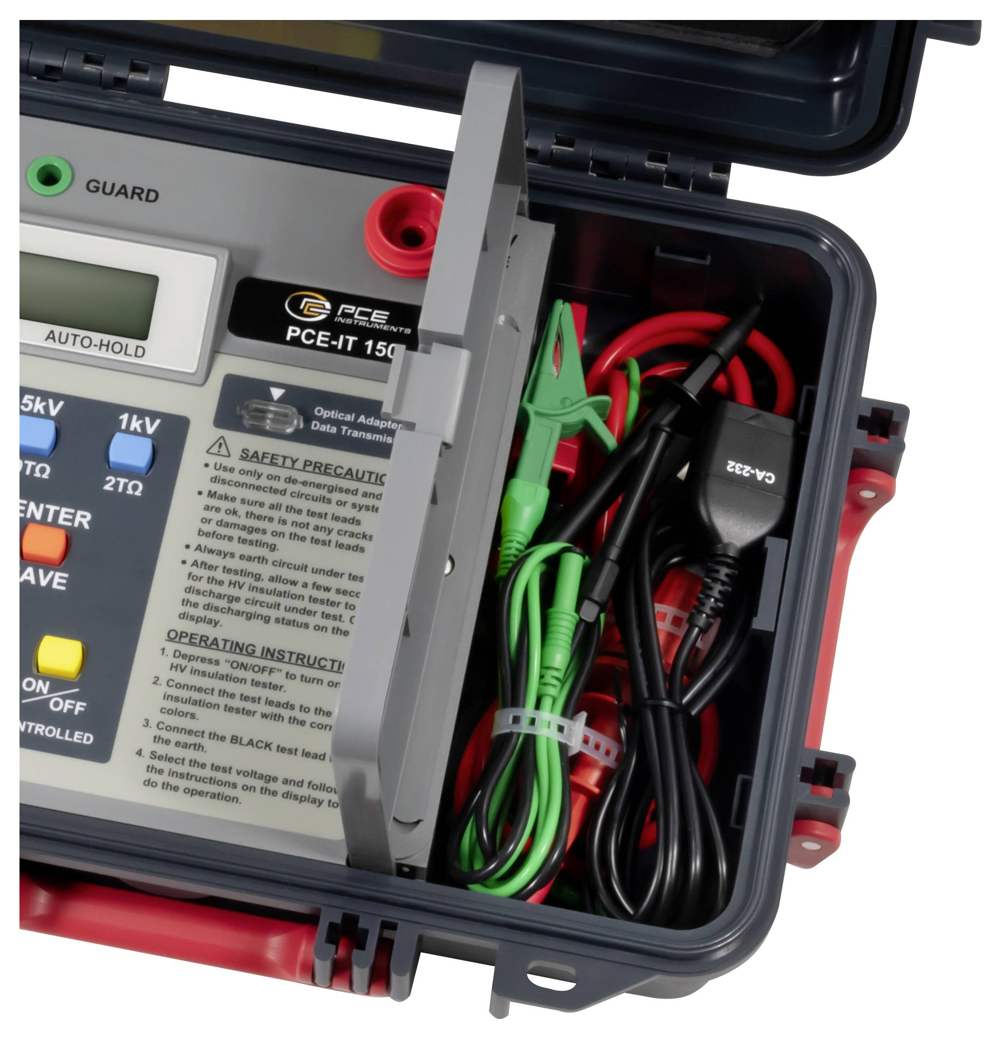 Boîtier de mallette de testeur électrique portable ouvert montrant un multimètre avec fonction de maintien automatique et des fils de test enroulés rouge, noir et vert à l'intérieur