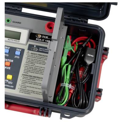 Boîtier de mallette de testeur électrique portable ouvert montrant un multimètre avec fonction de maintien automatique et des fils de test enroulés rouge, noir et vert à l'intérieur
