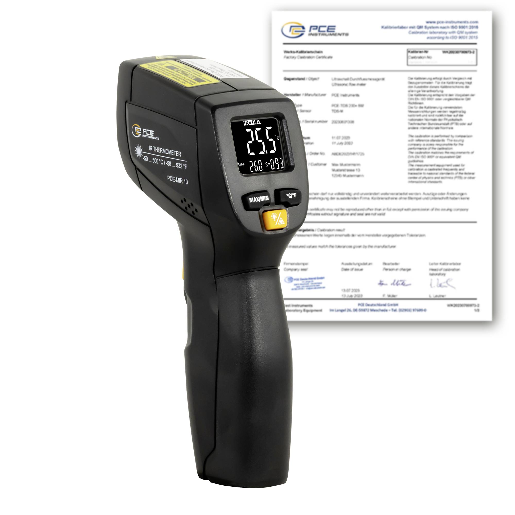 Thermomètre infrarouge noir affichant 25,5°C, avec un certificat d'étalonnage affiché derrière.