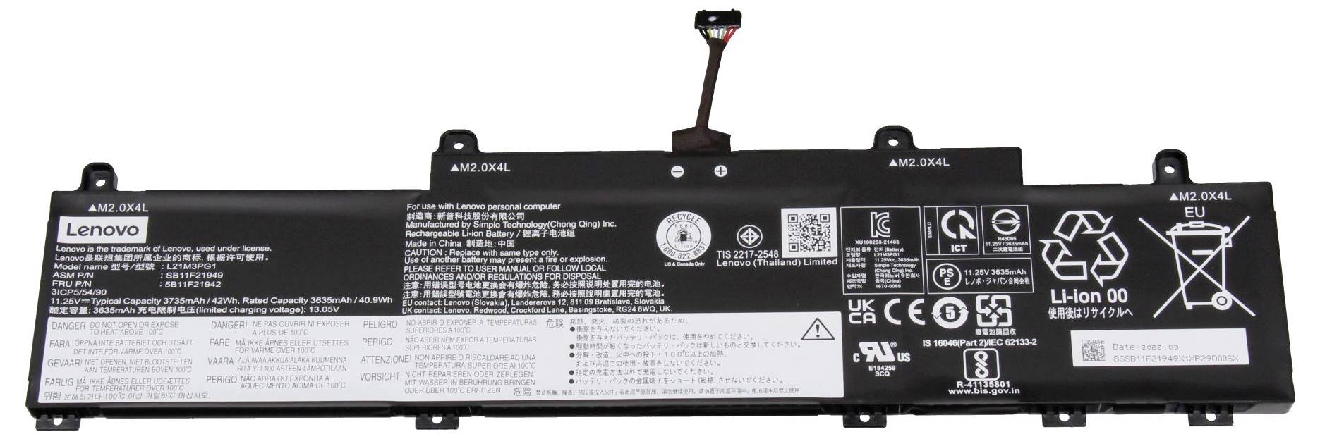 Bloc batterie pour ordinateur portable marqué Lenovo, affichant le modèle et les icônes de sécurité/réglementaires, avec un connecteur central et des pattes de fixation.