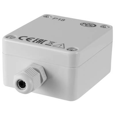 Boîtier électrique de jonction en plastique blanc avec presse-étoupe de câble, étiqueté P18 et PCE, montré sur un fond neutre.