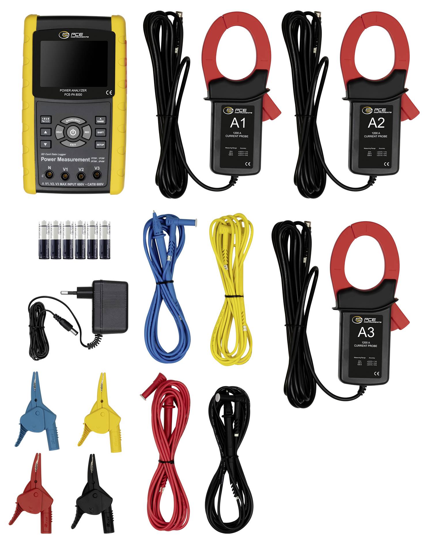 Kit de mesure de puissance portable avec compteur portatif, trois capteurs de pince, fils de test, pinces crocodile, batteries et chargeur.