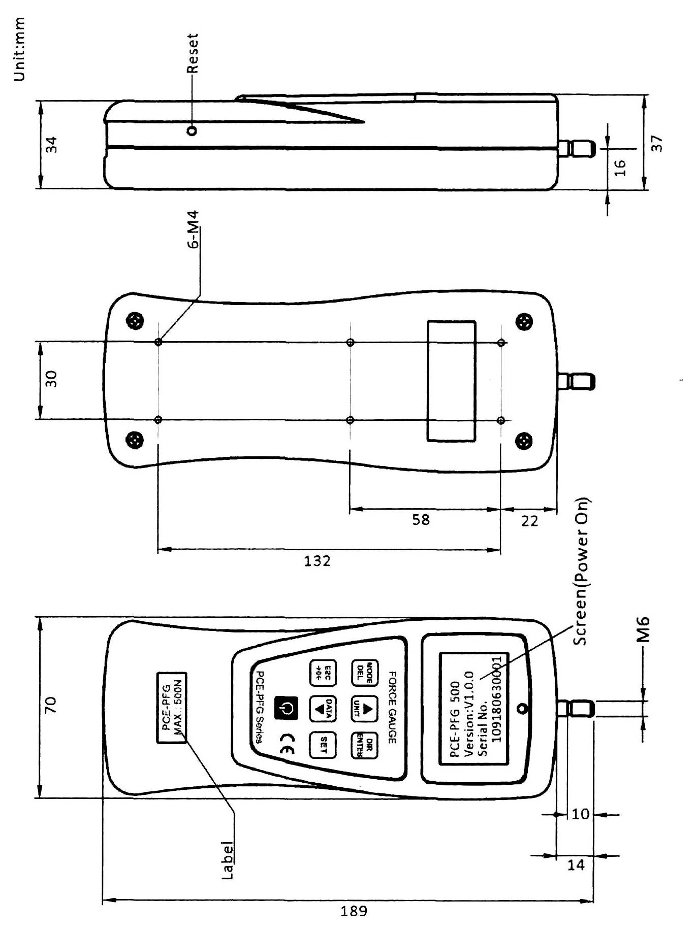 Dessin technique d'une manette sans fil portable, montrant les vues de dessus, latérale et frontale avec des boutons étiquetés, un écran, une réinitialisation et des mesures en millimètres.