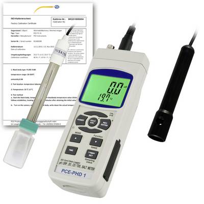 Mesureur de pH portable PCE-PHD 1 avec sonde et certificat d'étalonnage affichés sur un fond blanc.